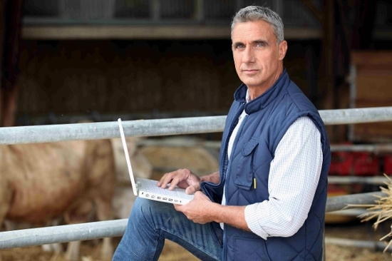 Farmer entering Quickbooks information for his bookkeeping